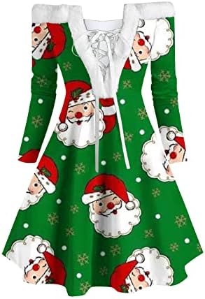 רוזיוגוג נשים שמלת נשים, סנטה קלאוס הדפס שרוול ארוך תחרה למעלה V שמלות צוואר קטיפה שמלת מיני מסיבת כתף