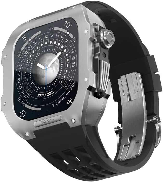 רצועת גומי מארז טיטניום Aemall לסדרת Apple Watch Series 4 5 6 SE החלפת סדרות רצועת סיליקון בדרגה גבוהה, רצועת שעון יוקרה לרצועת שעון 44
