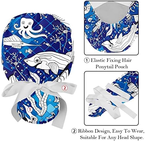 פסיפס דגים ימיים כחול 2 יח 'כובעי בופנט מתכווננים עם כפתורים וכיסויי עניבת ראש סרט זיעה
