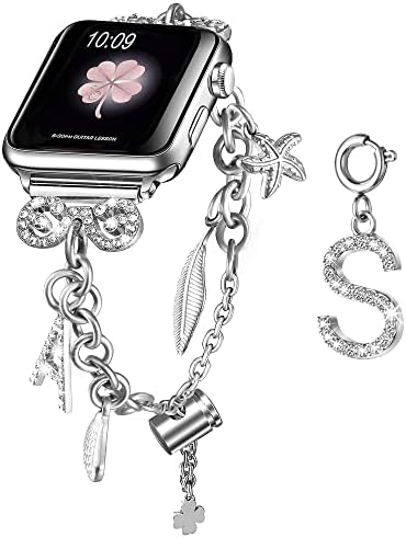 Secbolt Bling Bling צמיד מרובי קארם וקסם אותיות של Apple Watch 42 ממ 44 ממ 45 ממ IWatch Series 7/SE/6/5/4/3/2/1, כסף
