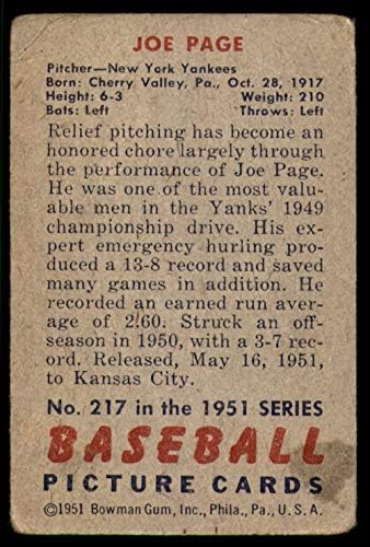 1951 Bowman Cardball Card217 ג'ו פייג