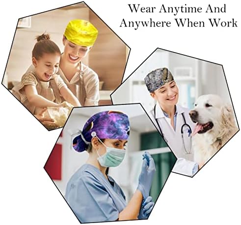 כובעים רפואיים של Ratgdn לנשים עם כפתורים שיער ארוך, כובע עבודה מתכוונן בן 6 חלקים, דפוס עצם כלב לבן שחור