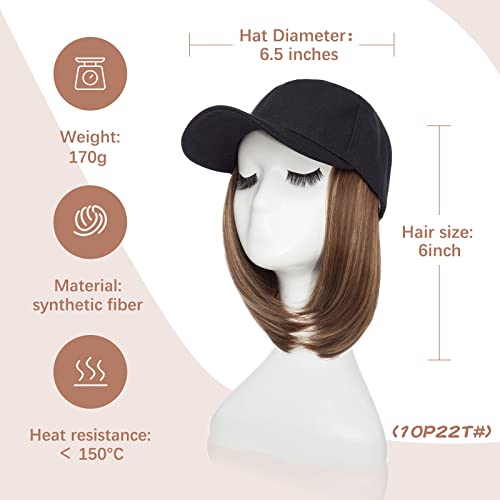 סגו בייסבול כובע עם תוספות שיער לנשים חום עמיד סינטטי 6 מתכוונן קצר ישר פאה החלפת פאות בכובע עבור בנות