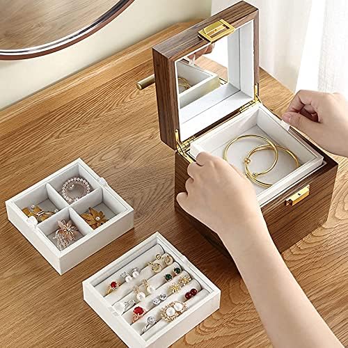קופסא אחסון תכשיטים קופסת תכשיטים מעץ מוצק לנשים תכשיטים טבעת ארמונית קופסת אחסון קופסא מתנה מארגן נסיעות עם מראה, צבע עץ אגוז קופסת תכשיטים