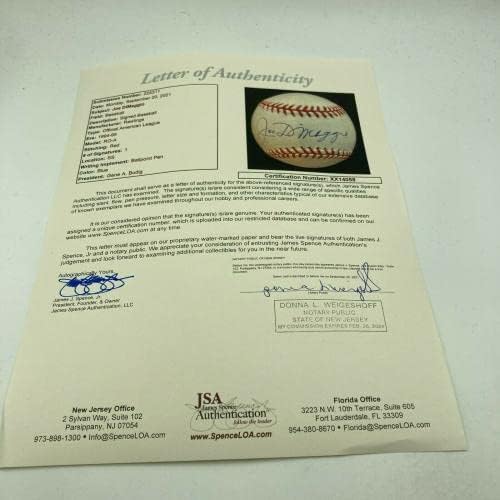 מנטה ג'ו דימג'יו חתמה על ליגה אמריקאית בייסבול JSA COA ו- PSA DNA מדבקה - כדורי בייסבול חתימה