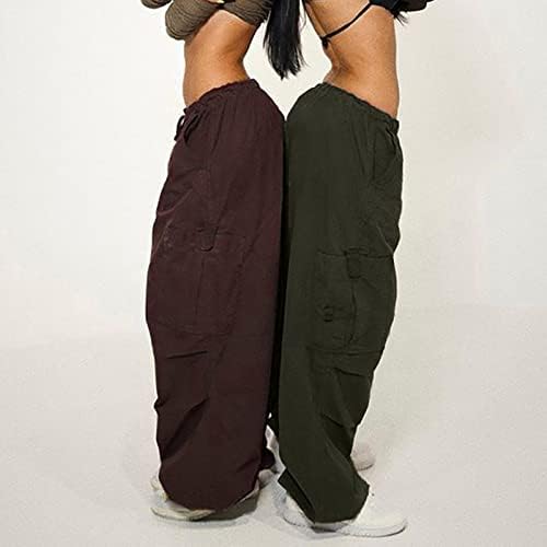 WOCACHI נשים מותניים נמוכות מכנסי מטען רחבים אינדי אסתטי שרוך רופף מכנסיים מכנסיים פאנק היפי בגדי רחוב